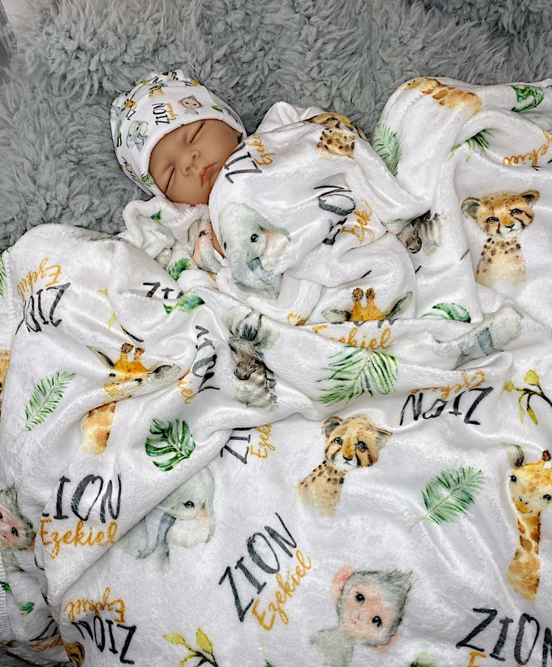 Safari Baby Blanket Baby Name Blanket Personalized Baby Boy Etsy