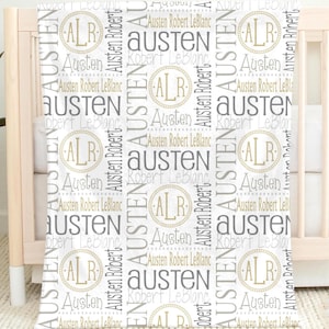 Personalized Neutral Baby Blanket, Beige Gray Custom Name Blanket, Monogram Nursery Bedding, Gender Neutral Gift image 1