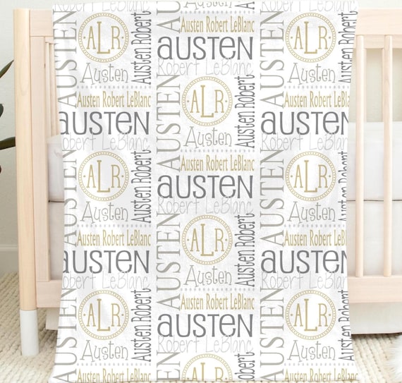 Personalized Neutral Baby Blanket, Beige Gray Custom Name Blanket, Monogram Nursery Bedding, Gender Neutral Gift