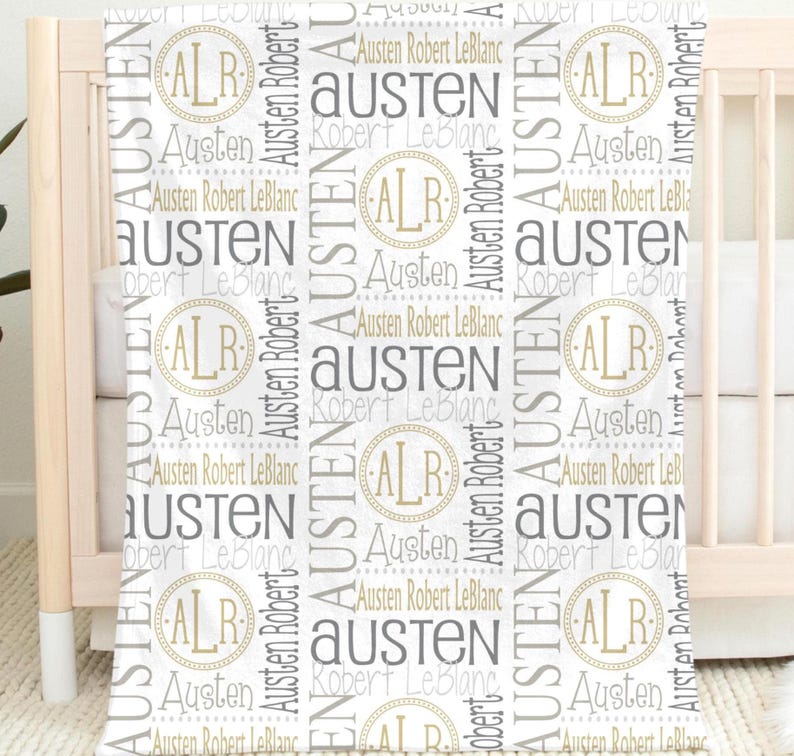 Personalized Neutral Baby Blanket, Beige Gray Custom Name Blanket, Monogram Nursery Bedding, Gender Neutral Gift image 1