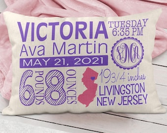 Personalized Birth Stats Pillow, Baby Girl Nursery Decor
