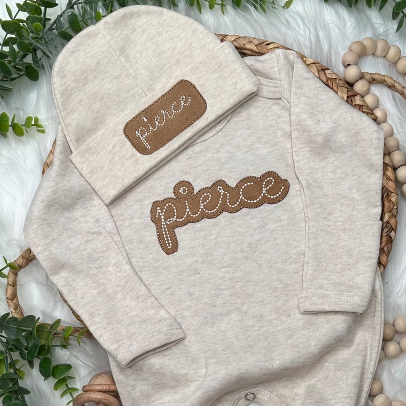 Baby boy custom neutral coming home outfit, Personalized baby romper and hat set, custom infant boy coming home outfit, sleeper with footies image 2