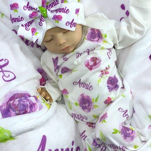 Personalized Baby Girl Coming Home Outfit  Floral Baby Gown Set  Custom Baby Name Blanket Hospital Outfit Girl Baby Clothes Newborn Outfit