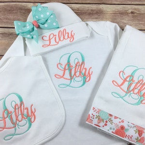 Baby Girl Coming Home Outfit, Monogram Baby Gown Beanie Hat, Personalized Take Home Outfit,  Newborn Girl Baby Gown, Baby Shower Gift