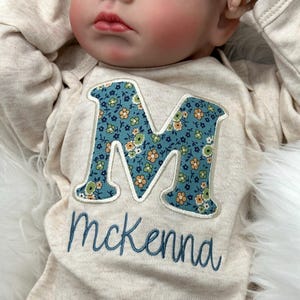 Personalized baby girl gown and bow set | Vintage floral newborn girl coming home outfit | Baby shower gift | Peach and Teal Girl Outfit