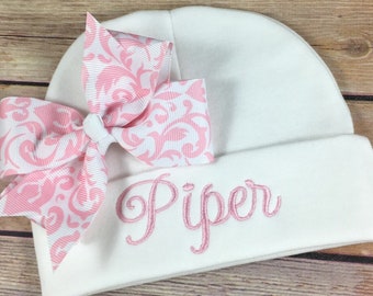 Personalized Baby Beanie: Embroidered Name, Pink Damask Bow