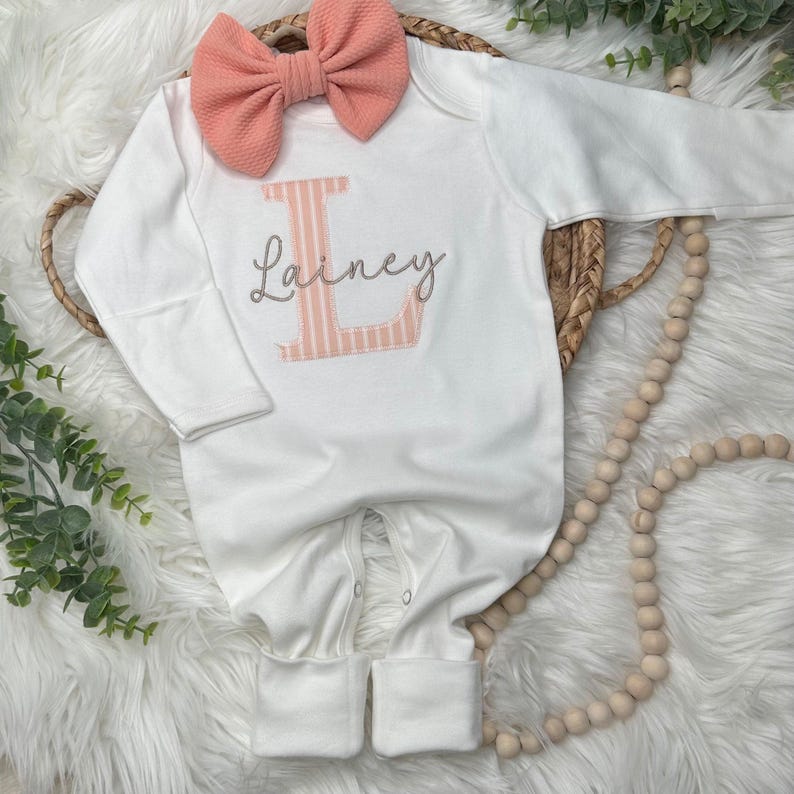 Personalized Baby Name Romper Embroidery, Monogrammed Initial, Going Home Outfit, Newborn Photo Prop, Custom Infant Gown image 4