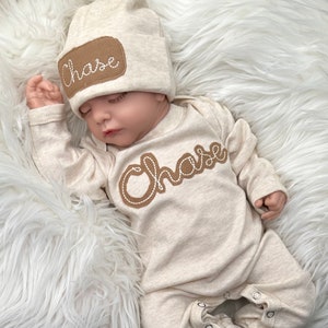 Baby boy custom neutral coming home outfit, Personalized baby romper and hat set, custom infant boy coming home outfit, sleeper with footies image 1