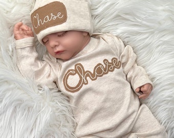 Baby boy custom neutral coming home outfit, Personalized baby romper and hat set, custom infant boy coming home outfit, sleeper with footies