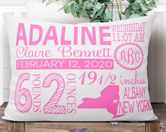 Personalized Birth Stats Pillow, Baby Girl Nursery Decor
