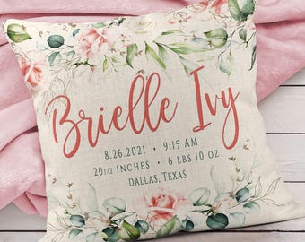 Personalized Baby Birth Announcement Pillow, Watercolor Floral Nursery Decor
