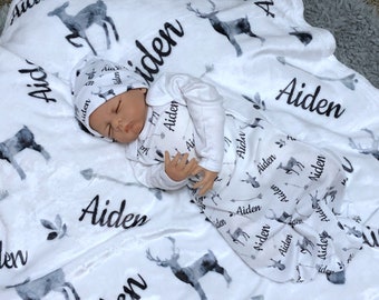 Personalized Baby Blanket Deer Antler Baby Boy Coming Home Outfit Arrow Baby Gown Swaddle Set Hunting Baby Outfit Adventure baby Blanket