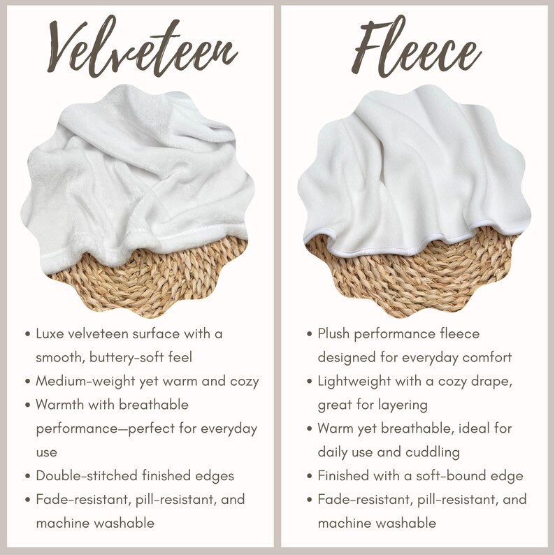 The image is a comparison between two types of blankets: a velvet-like blanket and a fleece blanket. The velvet blanket has a smooth, buttery-soft feel, a medium-weight yet warm and cozy texture, and a breathable and performance-perfect design for everyday use. The fleece blanket has a soft, plush performance, designed for everyday comfort, and features a lightweight, cozy drape, a warm and breathable texture, and a finished edge with a soft-bound edge and machine washable material.