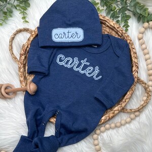 Personalized Baby Boy Coming Home Outfit Set - Oatmeal Sleeper With Hat & Embroidered Romper