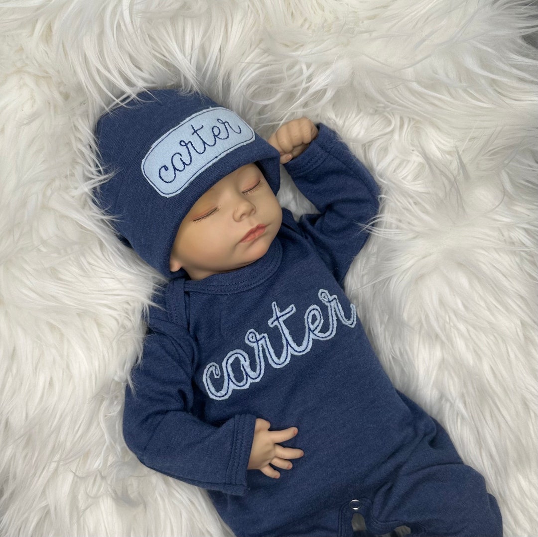 Personalized Blue Baby Romper and Hat Set, Custom Infant Boy Coming