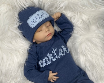 Personalized blue baby romper and hat set, custom infant boy coming home outfit, baby shower gift, sleeper with footies, Baby Boy Outfit Set