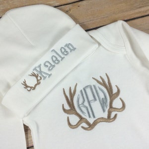 Baby Boy Coming Home Outfit Baby Camo Deer Antler Monogram Take Home Outfit Newborn Outfit Personalized Baby Outfit Baby Shower Beanie