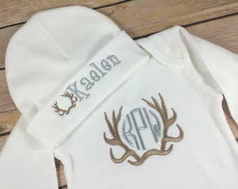 Baby Boy Coming Home Outfit Baby Camo Deer Antler Monogram Take Home Outfit Newborn Outfit Personalized Baby Outfit Baby Shower Beanie