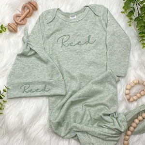 Personalized Baby boy Outfit | Sage Knotted Gown | Baby Boy Gift | Gender Neutral coming home outfit | Custom Baby Outfit | Monogrammed Gift