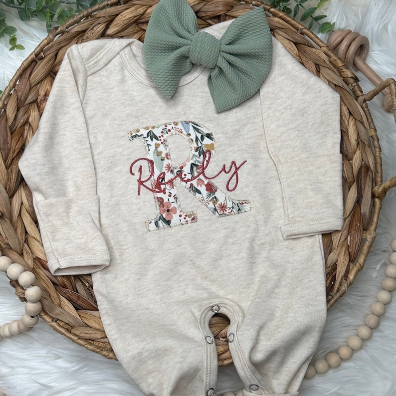 Personalized baby girl gown and bow set Vintage floral gender neutral coming home outfit Baby shower gift Sage and Mustard Girl Outfit image 5