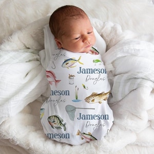 Personalized Fishing Blanket Baby Boy Nursery Bedding Custom Name Monogram Soft Minky Swaddle Receiving Toddler Gift Theme Cozy Shower