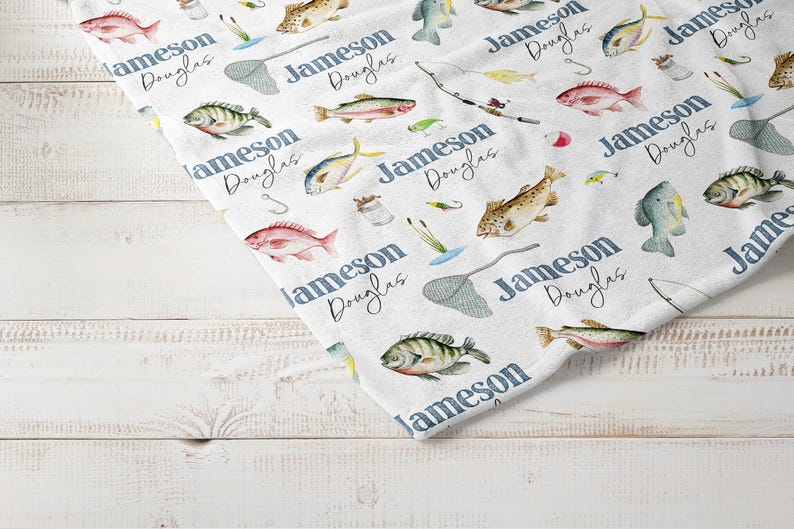 Personalized Minky Fishing Blanket for Baby Boy | Custom Name Nursery Swaddle image 3