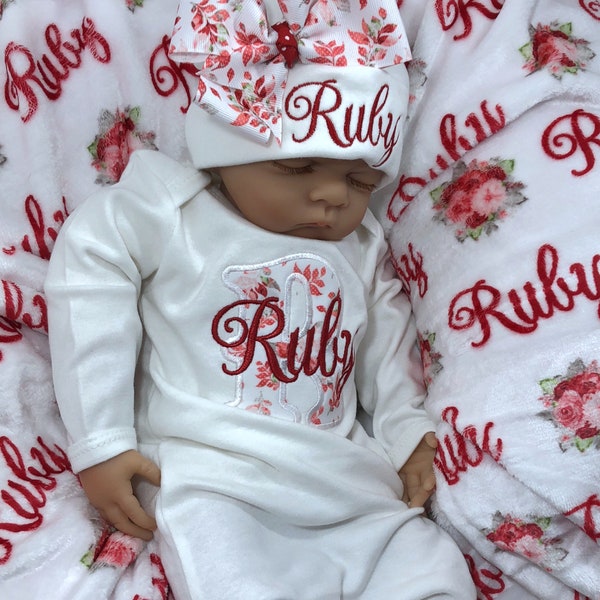 Personalized Red Floral Baby Gown Baby Coming Home Outfit Baby Gown with hat Hospital Outfit Boho Baby Clothes Newborn Baby Shower Gift