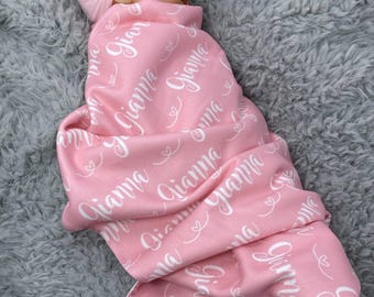 Personalized Baby Name Blanket and Headband Set, Pink Swaddle for Girl