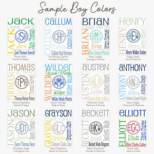 a collage of 12 different monogrammed names, each with a unique color and font, arranged in a 4x3 grid. The names include Jack, Callum, Brian, Henry, and others, with each name having a different color and font style. The monogrammed names are displayed in various colors and fonts, creating a visually appealing and organized layout.