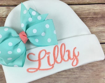 Personalized Baby Beanie Hat AQUA  DOT Monogrammed Baby Hat Embroidered Monogram Infant Girl Personalized Newborn Baby Shower Gift