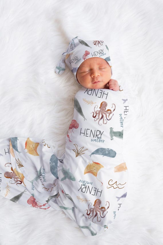 Custom Ocean Animals Baby Blanket - Personalized Shark and Whale