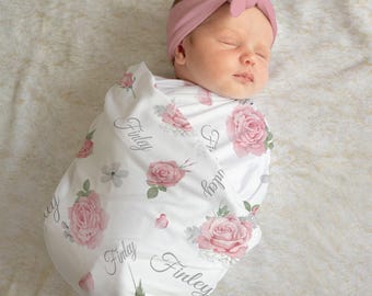 Personalized Floral Baby Blanket, Gown & Hat Set - Newborn Outfit