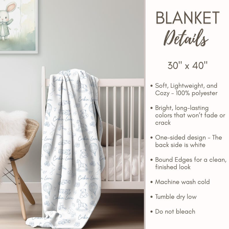 The image is a detailed description of a blanket, including its size, material, design, and care instructions.