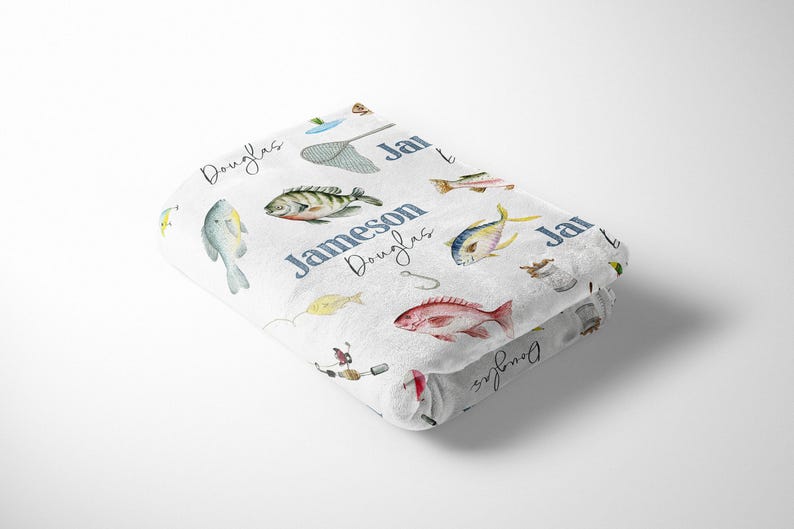 Personalized Minky Fishing Blanket for Baby Boy | Custom Name Nursery Swaddle image 4
