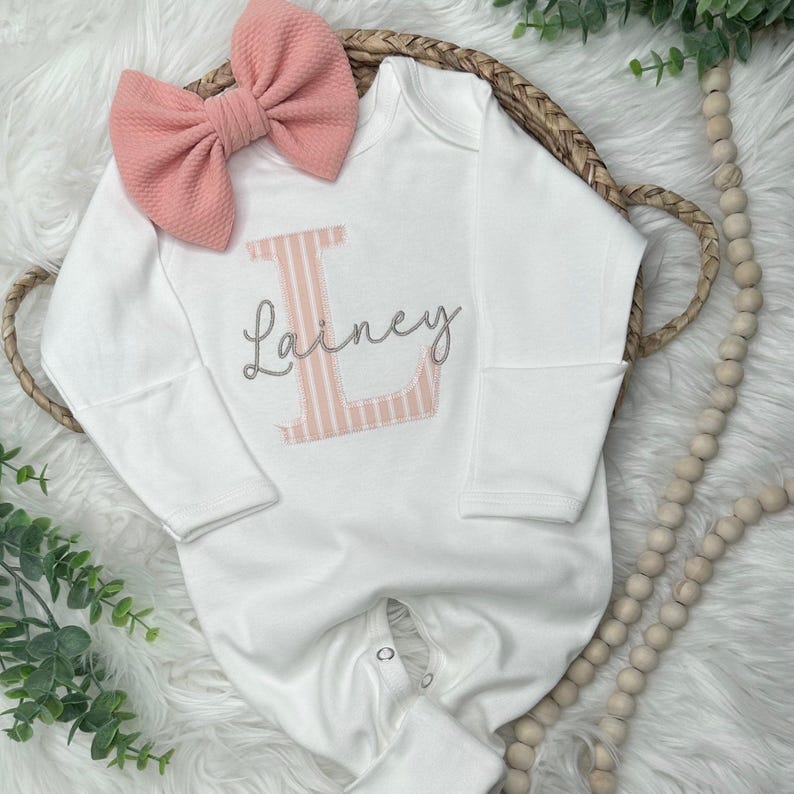 Personalized Baby Name Romper Embroidery, Monogrammed Initial, Going Home Outfit, Newborn Photo Prop, Custom Infant Gown image 2