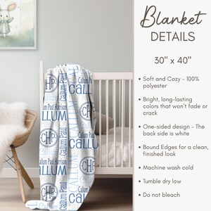 The image is a detailed description of a blanket, including its size, material, design, and care instructions.