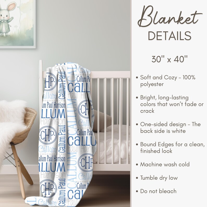 The image is a detailed description of a blanket, including its size, material, design, and care instructions.