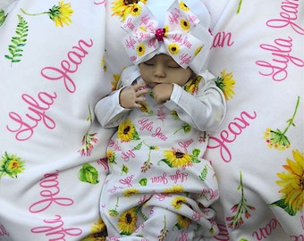 Personalized Baby Hospital Outfit Sunflower Baby Blanket Newborn Girl Gown Floral Swaddle Blanket Baby Girl Coming Home Outfit Boho Baby