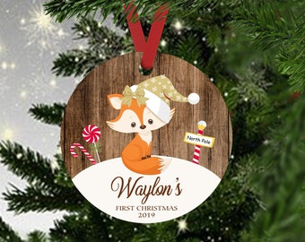 Gepersonaliseerde vos baby's eerste kerstornament, aandenken