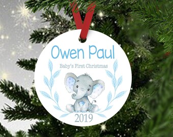 Personalized Baby's First Christmas Ornament, Watercolor Elephant