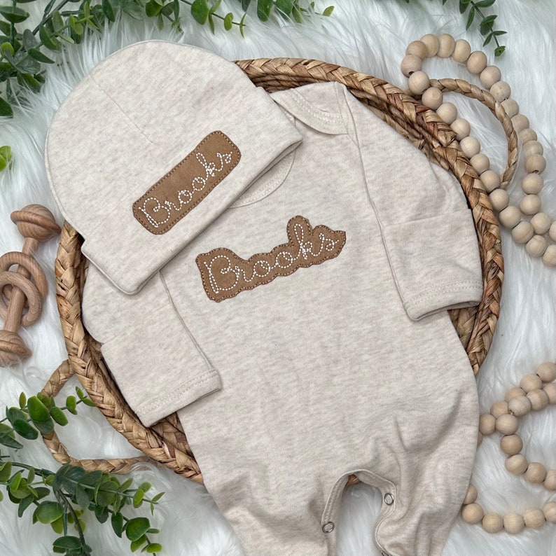 Baby boy custom neutral coming home outfit, Personalized baby romper and hat set, custom infant boy coming home outfit, sleeper with footies image 3