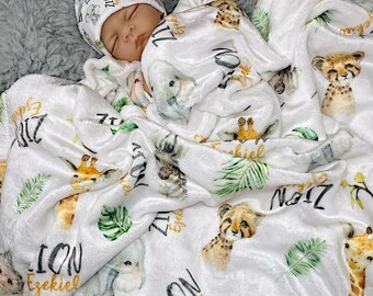 Personalized Safari Baby Blanket, Custom Name Swaddle Set, Plush Fleece Newborn Gift