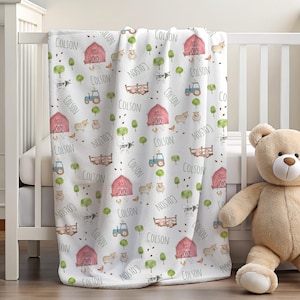 Personalized Farm Baby Blanket, Custom Name Swaddle, Minky Fleece Farm Animal Bedding