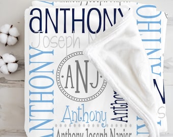 Personalized Baby Boy Blanket, Blue Gray Custom Name Blanket, Monogram Nursery Bedding, Newborn Baby Shower Gift