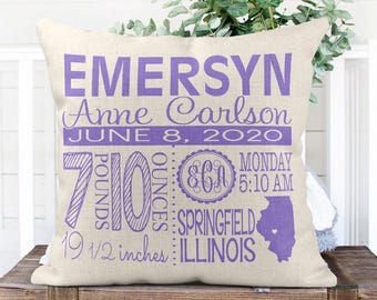 Personalized Birth Announcement Pillow, Custom Nursery Decor, Baby Gift