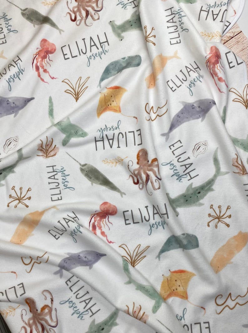 Manta de bebé personalizada con animales del océano: tiburón y ballena imagen 4