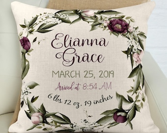 Personalized Birth Announcement Pillow, Floral Nursery Decor
