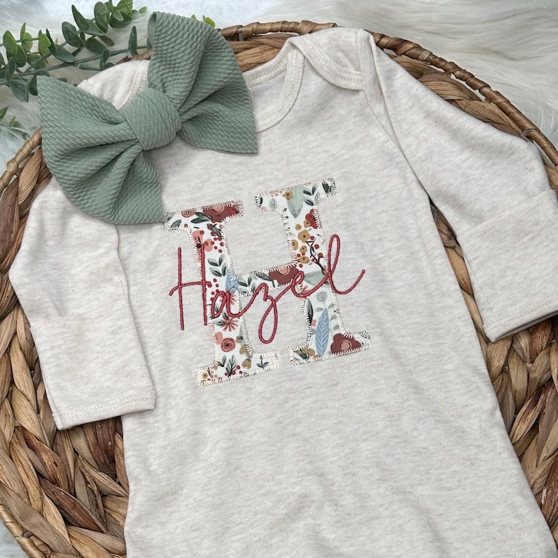Personalized baby girl gown and bow set Vintage floral gender neutral coming home outfit Baby shower gift Sage and Mustard Girl Outfit image 3