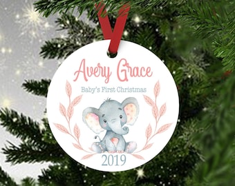 Personalized Baby's First Christmas Ornament, Watercolor Elephant