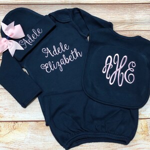 Personalized Baby Gown, Baby Girl COMING HOME Outfit, Baby Shower Gift, Navy Baby Gown, Take Home Outfit Newborn Baby Girl Outfit  Monogram